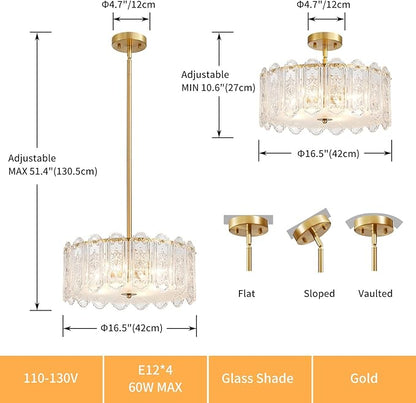 4-Lights Luxury Glass Chandelier, Mid-Century Modern Style for Dining Room, Living Room, Bedroom, D16.5'' × H10.6'', Adjustable Height (10.6"~51.4"), Gold Finish Frame & Figured Glass Shade