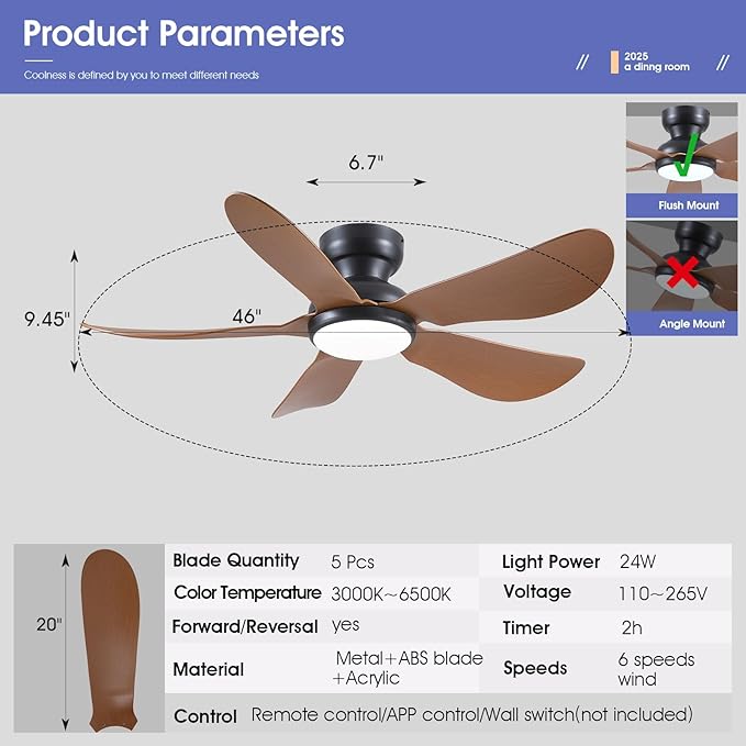 Kviflon 46 Inch Modern Ceiling Fans with Lights, Flush Mount Ceiling Fan, Remote/APP Control, 5 Reversible Curved Blades, 6 Speeds, 3 CCT Dimmable LED Lights for Bedroom Kids Room, Brown