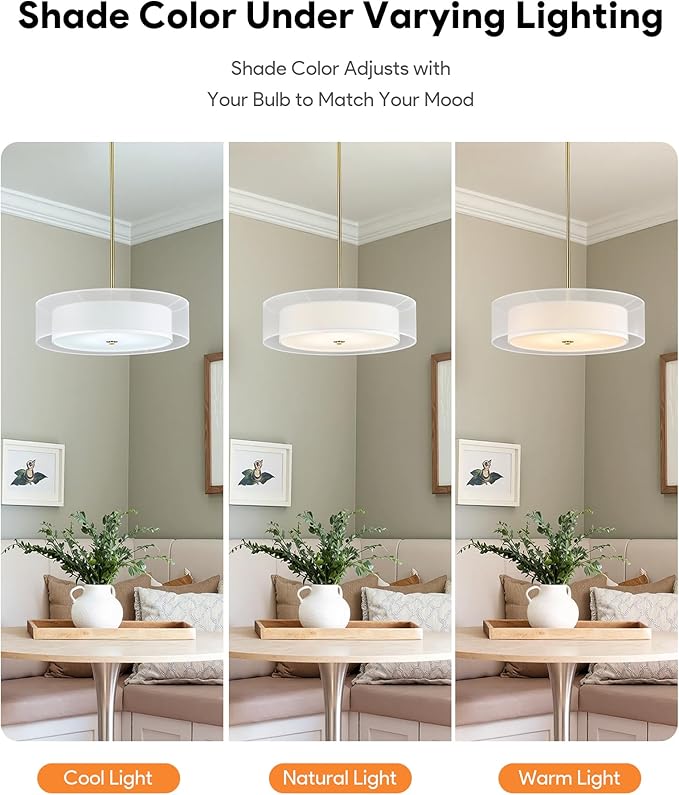 VONLUCE Drum Chandelier, 20" 3-Light Modern Chandelier with 2-Tier Fabric Lampshade, Modern Ceiling Light Fixture for Dining Room Bedroom Living Room with E26 Sockets, Gold Finish, ETL Certified