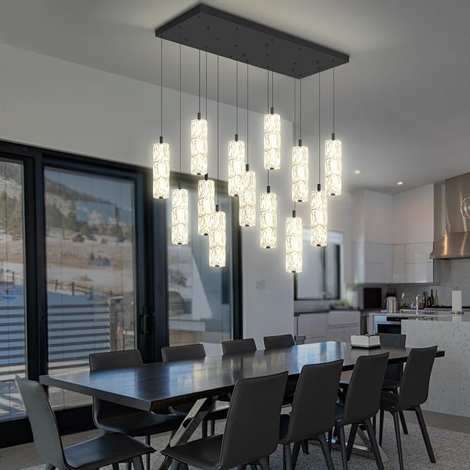 ykolupty Modern Crystal Chandelier 16-Lights Rectangular Chandeliers LED Dimmable Black Linear Chandelier Flush Mount Crystal Pendant Light for Living Room Dining Room Foyer