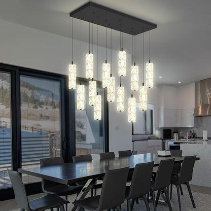 ykolupty Modern Crystal Chandelier 16-Lights Rectangular Chandeliers LED Dimmable Black Linear Chandelier Flush Mount Crystal Pendant Light for Living Room Dining Room Foyer