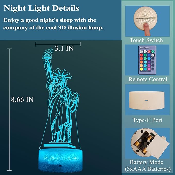 Statue of Liberty Night Light, 3D Illusion Lamp with 16 Colors Changing, Timer, 4 Flash Modes and Dimmable, Kids Boys Girls Room Decor, Holiday Xmas World Landmark Building Gifts