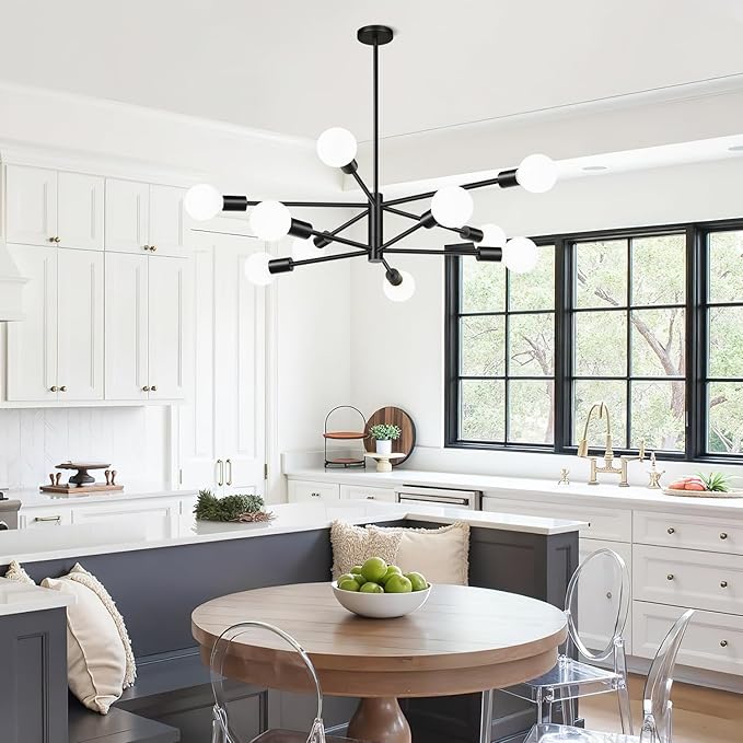 MQMQA Sputnik Chandeliers Dining Room Light Fixture (10-Light, 32-Inch), Modern Black Chandelier, Height Adjustable Mid Century Modern Chandeliers for Dining Room Kitchen Island (Bulbs Not Included)