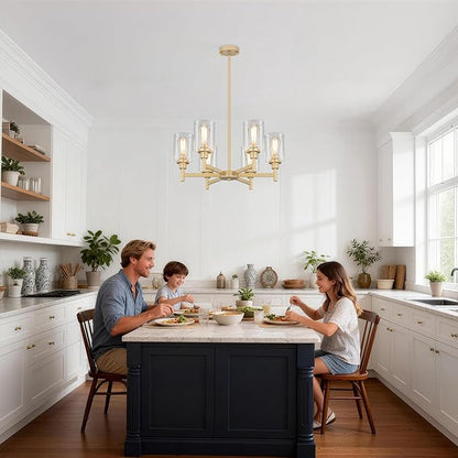 6 Light Gold Chandelier, Farmhouse Chandeliers for Dining Room Light Fixtures Over Table, Hanging Lighting Fixture with Clear Glass Shade for Kitchen Island Living Room Bedroom