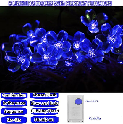 Blue Flower String Lights Indoor Outdoor Decorations, 33ft Connectable Clear Wire 100 LED Cherry Blossom Fairy Light with 8Mode & Memory for Christmas Easter Birthday Wedding Party Bedroom Décor