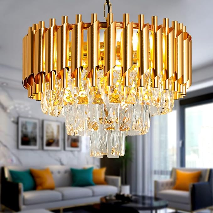 Modern Luxury Crystal Pendant Light Crystal Chandelier Round Chandelier Flush Mount Ceiling Lighting Fixture for Living Room Dining Room Table Restaurant,E12x4 Lights,Gold
