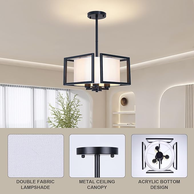 FRIDEKO HOME Flush Mount Ceiling Light Fixture - 3-Light Modern Semi Flush Mount Ceiling Light with Fabric Shade Black Metal Frame Drum Ceiling Lights for Bedroom Hallway Kitchen Living Room Entryway