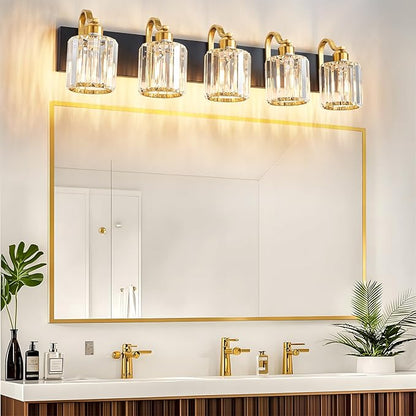 Black Gold Crystal Vanity Light Over Mirror 5 Lights Bathroom Wall Lighting Fixture with Round Shade (Exclude Bulb)