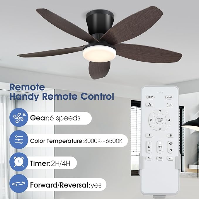 Surtime Ceiling Fans with Lights-36 Low Profile Ceiling Fan with Light and Remote/APP Control,Flush Mount,DC Reversible,LED Dimmable Modern Ceiling Fans for Bedroom,Indoor/Outdoor Patio Use(Brown)