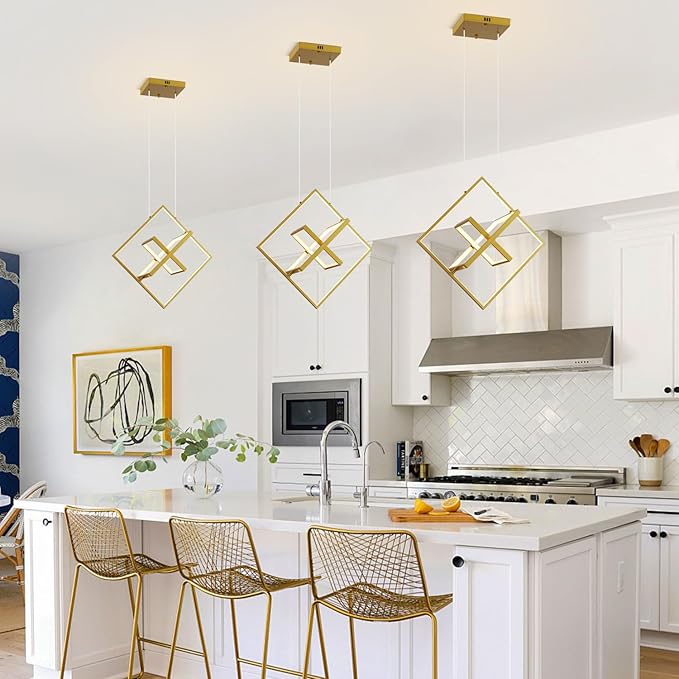 Modern Gold LED Square Chandelier,Adjustable Geometric Pendant Light with Remote Dimmable 3000K–6000K,Contemporary Hanging Light Fixture for Kitchen Island,Dining Room,Living Room