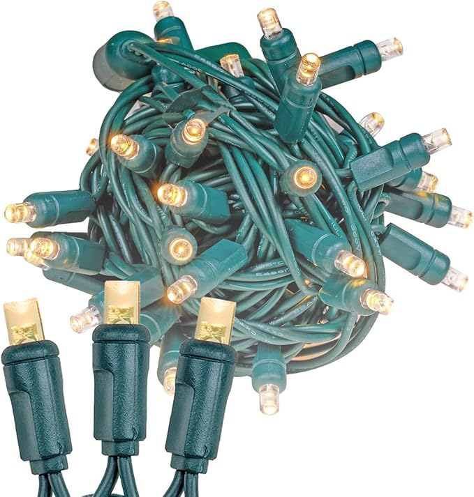 Novelty Lights 25ft 50 LED Sun Warm White Christmas Lights Outdoor/Indoor, 6" Spacing, Green Wire String Lights for Festive Xmas Lighting, IP55, UL Listed, Dimmable, Connectable