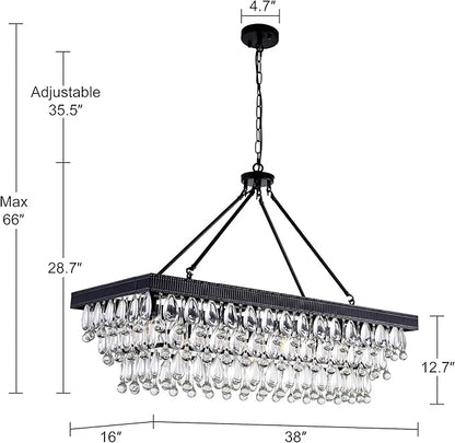 TOCHIC Crystal Dining Room Chandelier Over Table, Black Linear Rectangle Chandeliers, 7 Lights Modern Farmhouse Pool Table Billiard Light Fixture for Kitchen Island, Living Room, Entryway, 38" L