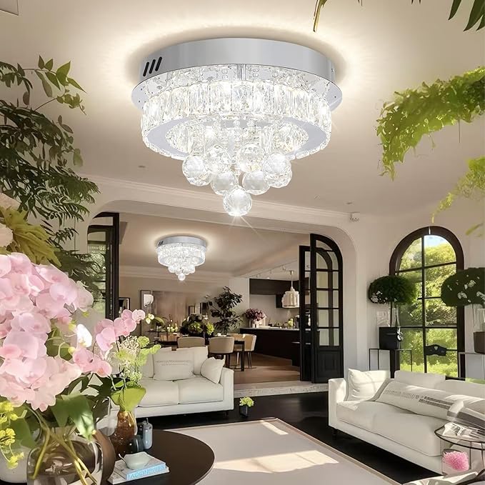 Dia 12" Mini Chandelier Flush Mount Chandelier for Hallway, Crystal Ceiling Chandeliers for Dining Room, Bedroom, Living Room, Entryway, Kitchen (Chrome Ceiling Light Fixture)