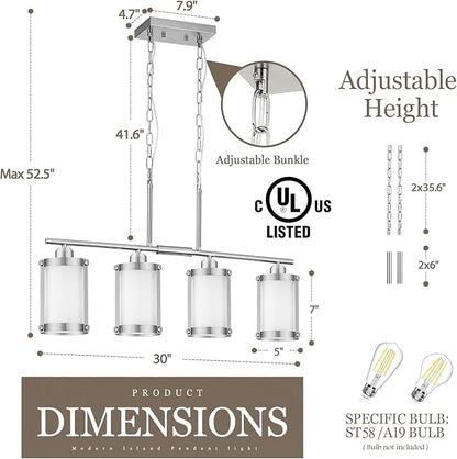 4-Light Kitchen Island Lighting, Brushed Nickel Linear Dining Room Light Fixtures with Frosted Glass, Modern Industrial Chandelier Pendant Light for Kitchen Island Dining Room, OS-3014-4ISBNW