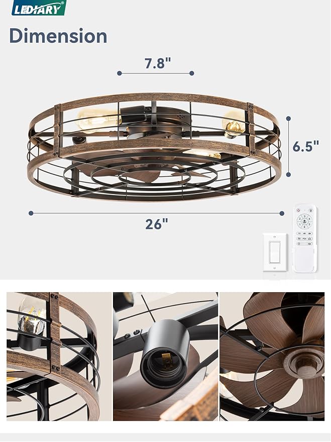 LEDIARY 26 inch Fandelier Caged Ceiling Fan with Light, Bladeless Ceiling Fan with Remote, Farmhouse Fan Lights Ceiling Fixtures for Kitchen, Bedroom, Outdoor(6 Speed, Timing)-Black and Gold