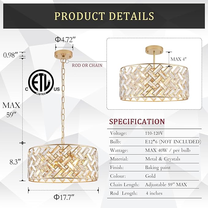 CATINER Gold Crystal Chandelier Modern 18" Round Semi Flush Mount Ceiling Light for Dining Living Room Bedroom & Foyer - Large Round Pendant Fixture