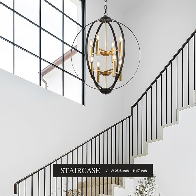 23.6''Black Gold 8-Light Globe Chandelier, Modern Industrial Adjustable Hanging Ceiling Pendant Light Fixture for Entryway Foyer Stairway Hallway Bedroom Living Room Kitchen Island