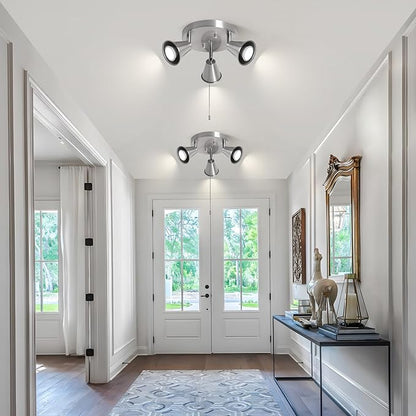 3-Light Industrial Directional Track Lighting with Pull Chain On/Off, Adjustable Round Ceiling Spotlight, Morden Nickel Flush Mount Kitchen Light for Hallway,Dining Room,Gu10 Bulbs Included