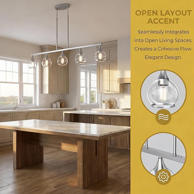 Kitchen Island Linear Pendant Light, 5-Light Modern Chandelier with Clear Glass Globe Shades, Linear Lighting Fixture Over Dining Table, Brushed Nickel