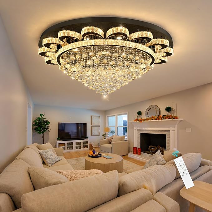 HAIXIANG Modern Chandelier Living Room Light Large Luxury Chandeliers for High Ceiling Foyer Entryway Lights Dimmable 110W LEDs Crystal Black Lighting Fixtures