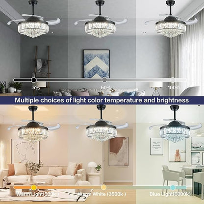 DuMaiWay Dimmable Fandelier Crystal Ceiling Fan with Light and Remote Modern Chandelier Ceiling Fan with 4 Retractable Blades for Living Room, Bedroom, Dining Room-Black 36 Inches