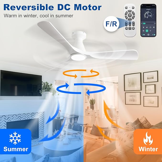DLLT 52-Inch Ceiling Fans with Lights: Flush Mount Ceiling Fan 3 Blades for Indoor Outdoor - White Ceiling Fan with Remote APP Control Noiseless for Low Profile Bedroom