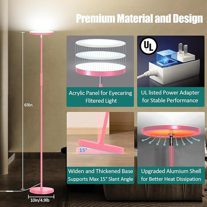 mukuxin Floor Lamp, Upgraded 40W 4000LM Super Bright Torchiere LED Floor Lamps for Living Room, Stepless Dimmable Color Temperature 2700K-6500K with Remote & Touch Control, Standing Light (40W Pink)