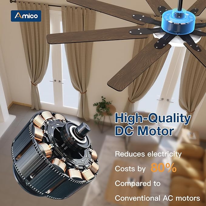 Amico 64 inch Ceiling Fans with Lights,Large Ceiling Fan with Light and Remote Control, Dimmable, 6 Speed Reversible Quiet DC Motor, Black Modern Ceiling fan For Living Room, Kitchen, Patio