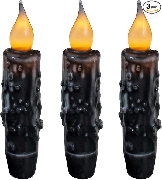 CVHOMEDECO. Real Wax Hand Dipped Battery Operated LED Timer Taper Candles Country Primitive Flameless Lights Décor, 4-3/4 Inch, Matt Black, 3 PCS in a Package