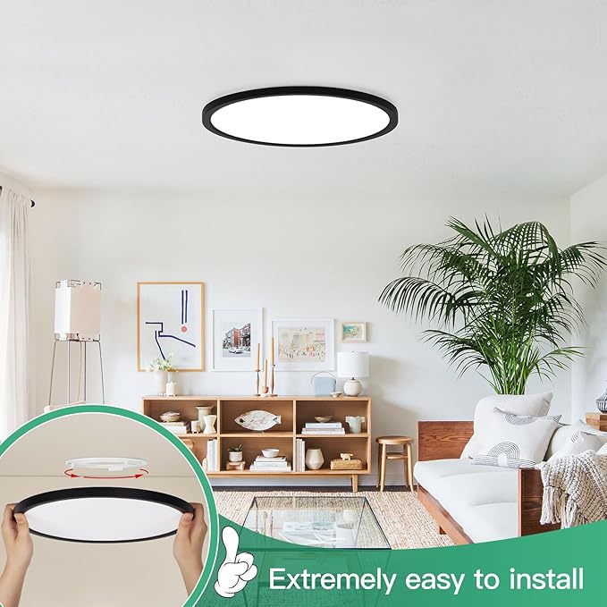 Brightever Black LED Flush Mount Ceiling Light Fixture, 12 Inch 24W, Super Slim 0.67 Inch 3200LM LED Ceiling Lights, Dimmable & 2700K-6500K 5 Color in One Ceiling Lamp for Bedroom, Hallway, 4-Pack