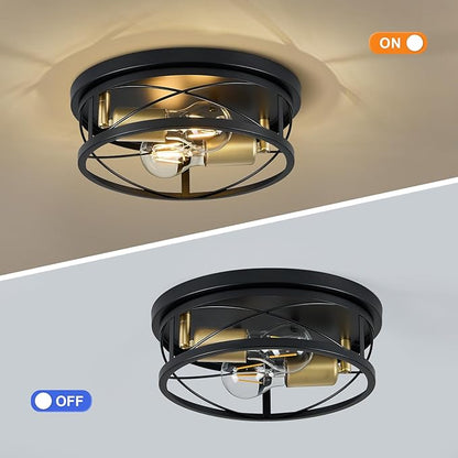 Farmhouse Lights,Black and Gold Industrial Flush Mount Ceiling Light, Ceiling Lamp Farmhouse Lighting Fixture for Hallway, Bedroom, Kitchen, Entrance, 2-Light