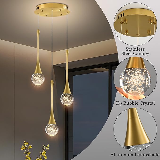 Modern Crystal Kitchen Island Chandelier 3-Lights Gold, LED Dimmable Raindrop Indoor Lighting Fixture for Dining Room Foyer Entryway Remote Control