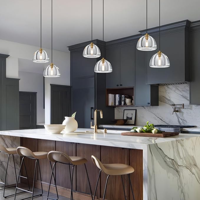 2 Head of Hemispher K9 Crystal Pendant Light with Brass Rod,7.1" Dimmable Contemporary Light Above Dining Table,Modern Ceiling Hanging Lighting for Bedroom E12 Bulbs Included