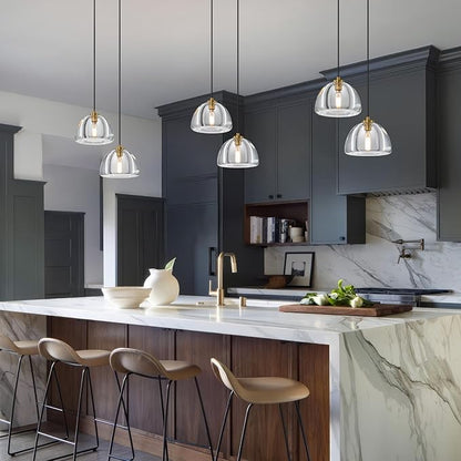 2 Head of Hemispher K9 Crystal Pendant Light with Brass Rod,7.1" Dimmable Contemporary Light Above Dining Table,Modern Ceiling Hanging Lighting for Bedroom E12 Bulbs Included