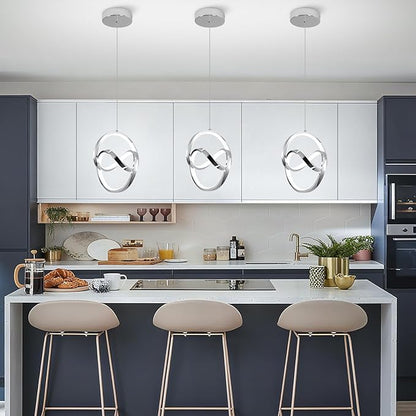 Modern LED Pendant Light Fixtures 5500K Pendant Lights Kitchen Island Lighting Adjustable Height Chrome Hanging Lamp for Dining Room Bedroom Living Room,3 Packs