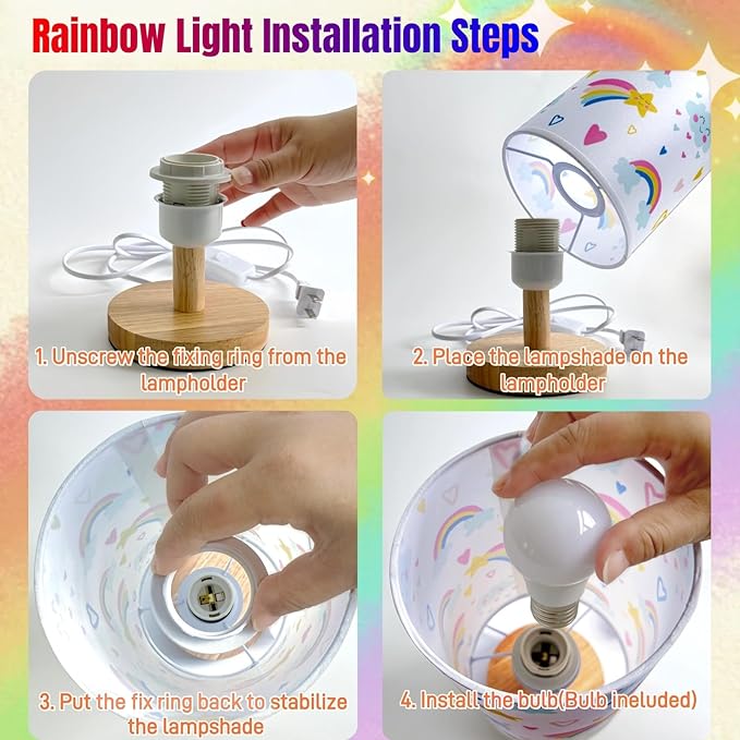 Rainbow Lamp for Girls Bedroom,Gifts for Girls-3 Color Modes Nightstand Night Light Lamp,Wood Base Flaxen Fabric Shade Desk Reading Lamp for Bedroom Living Room Office Christmas Gifts for Girl