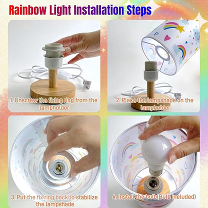 Rainbow Lamp for Girls Bedroom,Gifts for Girls-3 Color Modes Nightstand Night Light Lamp,Wood Base Flaxen Fabric Shade Desk Reading Lamp for Bedroom Living Room Office Christmas Gifts for Girl