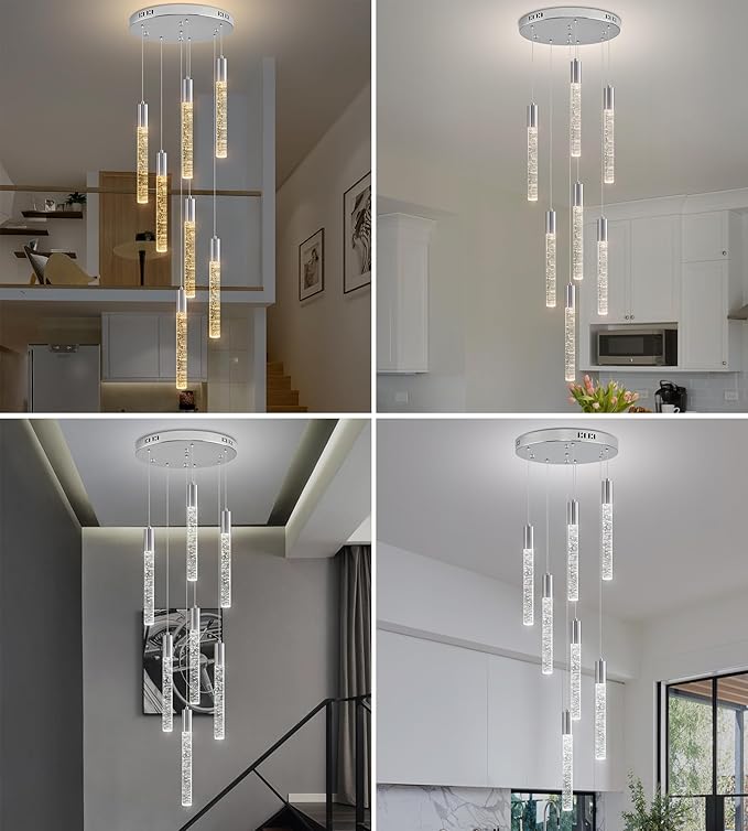 Modern High Ceiling Crystal Chandelier 7-Lights, Spiral LED Raindrop Foyer Pendant Lighting, Bubble Staircase Living Room Hanging Light Fixture Flush Mount Chrome
