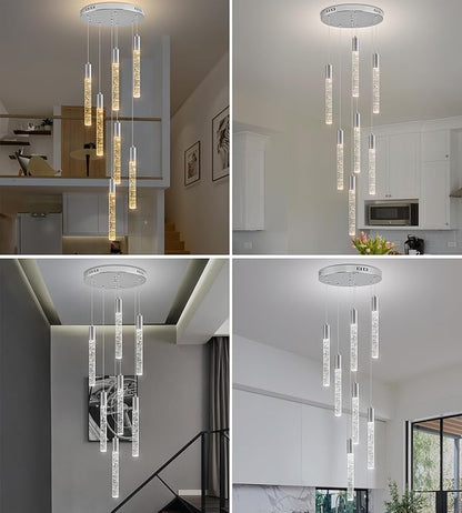 Modern High Ceiling Crystal Chandelier 7-Lights, Spiral LED Raindrop Foyer Pendant Lighting, Bubble Staircase Living Room Hanging Light Fixture Flush Mount Chrome