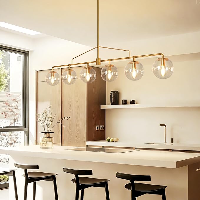 Gold Linear Chandelier 6 Lights Mid Century Modern Dining Room Chandelier Kitchen Island Pendant Light with Seeded Glass Shades for Island, Farmhouse, Dining Area, Dia 51.58 Inch