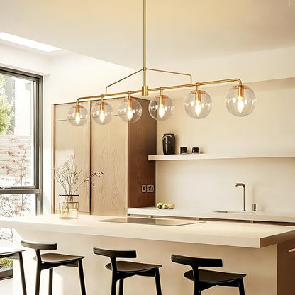 Gold Linear Chandelier 6 Lights Mid Century Modern Dining Room Chandelier Kitchen Island Pendant Light with Seeded Glass Shades for Island, Farmhouse, Dining Area, Dia 51.58 Inch