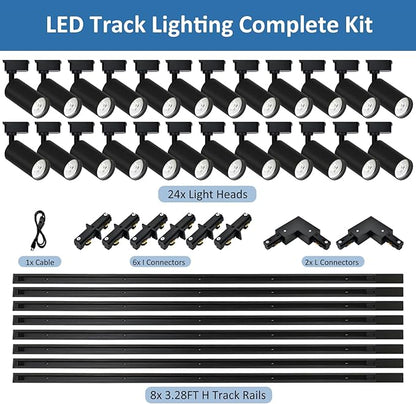 H Type LED Track Lighting Heads 24 Track Lights 3000K 20W 2400lm High Brightness Track Lighting System for Accent Lighting, Dimmable Ceiling Lights Spotlight Fixtures with 26ft Track Rail