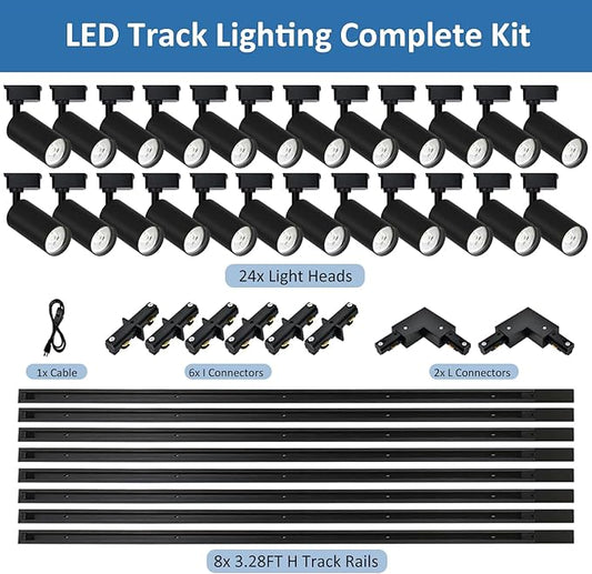 H Type LED Track Lighting Heads 24 Track Lights 3000K 20W 2400lm High Brightness Track Lighting System for Accent Lighting, Dimmable Ceiling Lights Spotlight Fixtures with 26ft Track Rail