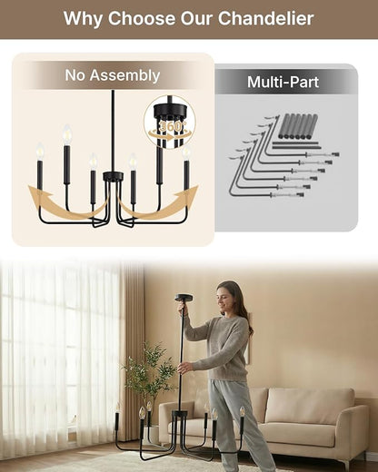 Yunnix 6 Light Matte Black Chandelier Modern Farmhouse Chandelier for Dining Room Light Fixtures Ceiling Hanging, Iron Chandelier for Bedroom, Foyer, Entryway, Kitchen, Living Room and Entryway