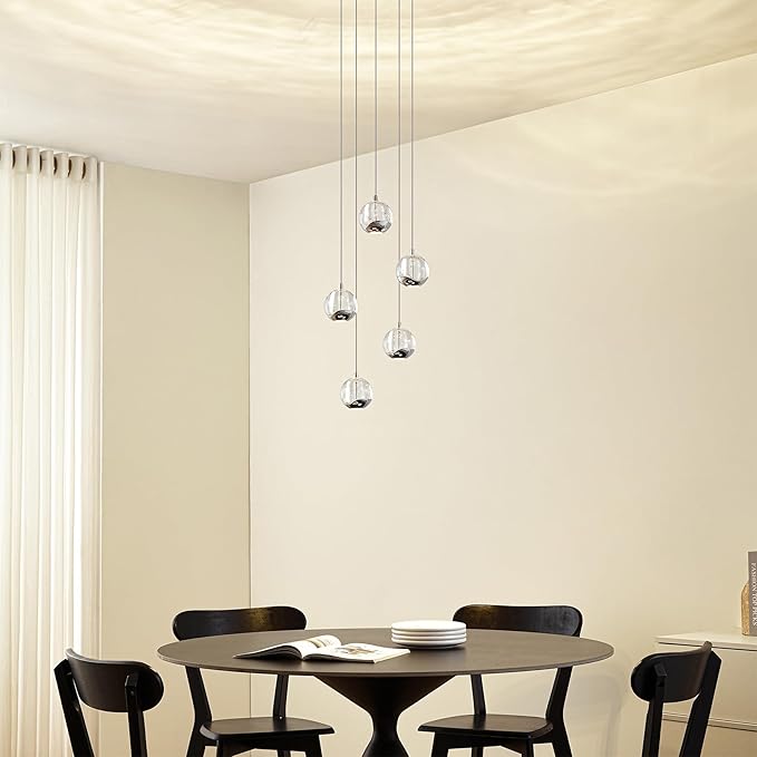 5-Light Modern Chrome Glass Globe Chandelier, Hanging Cluster Pendant Light Kitchen Island & Foyer Chandelier, Warm White 3000K, Chrome Pendant Lights Cluster, Ø 11.03 in