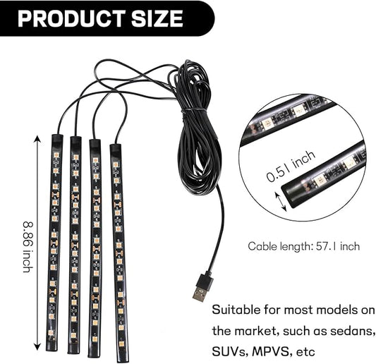 Car LED Strip Light, 12V 48 LED Interior Atmosphere Lights Under Dash Ambient Night Light, Universal Auto Interior Decorative Lamp with USB Port, Truck SUV Car Accessories (Pink Purple, USB)