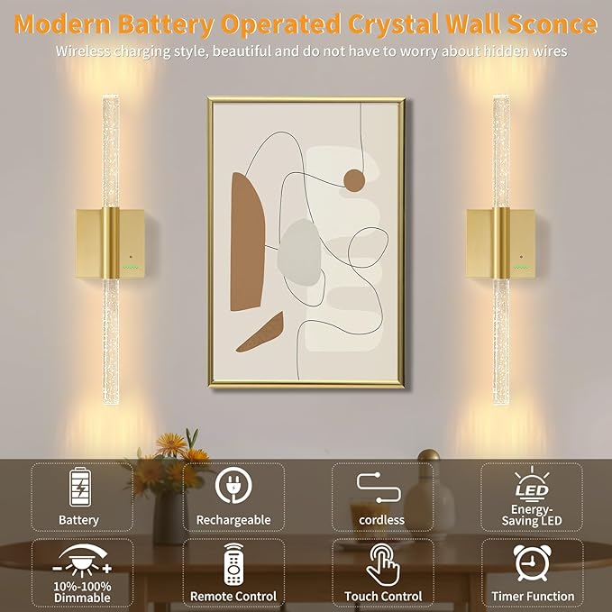 28” Battery Operated Wall Sconces Set of 2, 8000mAh Rechargeable Battery Powered Wall Light with No Hardwired, Extra Large Dimmable Led Lamp Fixtures for Bathroom Cabinet Study Room, Gold