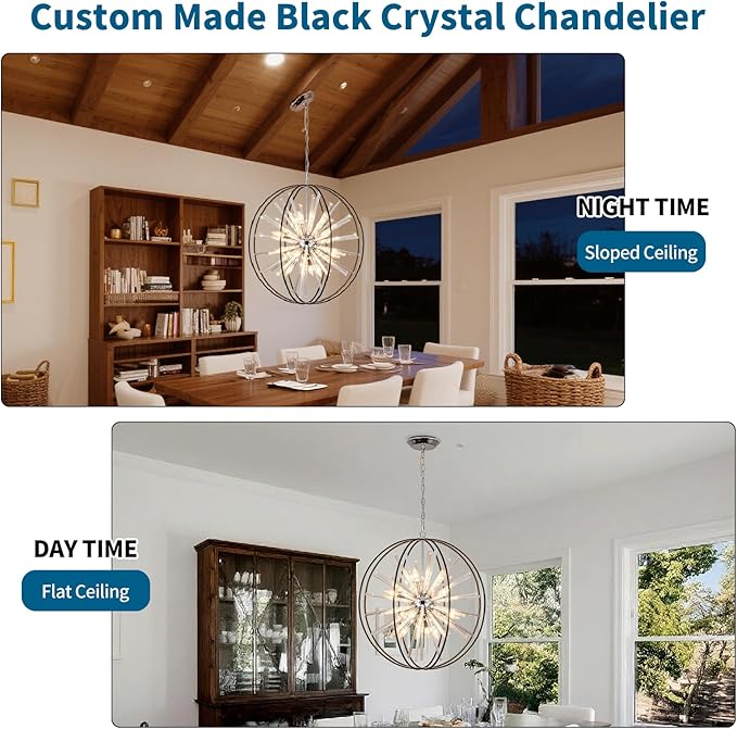 Vezzio 12-Light Modern Crystal Chandeliers for Entryway D27 Inch Black Globe Foyer Chandelier Contemporary Ceiling Hanging Light Fixture for Dining Room Kitchen Island Living Room Hallway Stairway