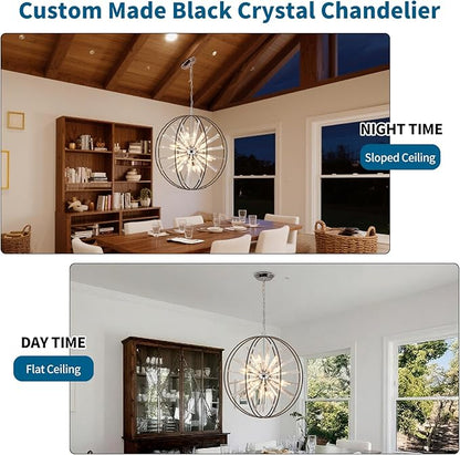 Vezzio 12-Light Modern Crystal Chandeliers for Entryway D27 Inch Black Globe Foyer Chandelier Contemporary Ceiling Hanging Light Fixture for Dining Room Kitchen Island Living Room Hallway Stairway