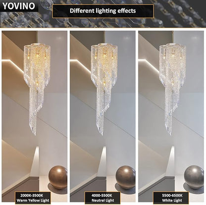High Ceiling Chandeliers for Entryway Gold Spiral Crystal Chandelier Large Foyer Chandelier 6 Lights Modern Raindrop Chandelier for Villa Staircase, K9 Pendant Light Fixtures D17.7'' x H49.2''